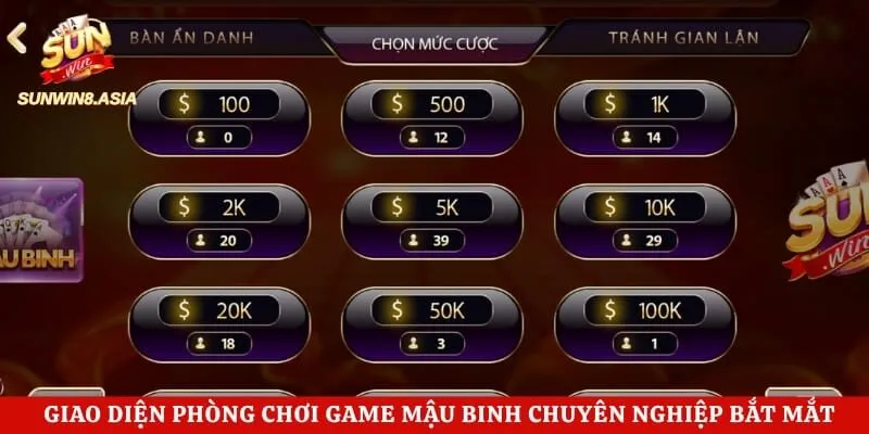 Mậu Binh Sunwin - Trải Nghiệm Xếp Bài Hấp Dẫn Mỗi Ngày 2 Giao diện phòng chơi game mậu binh chuyên nghiệp bắt mắt